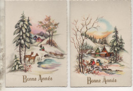 2 Cartes Doubles - Nouvel An - Paysage De Neige - Biches - Oiseaux - - New Year