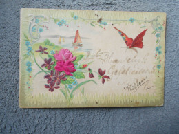 Cpa Belle Carte En Relief Papillon ,fleurs En Tissu - Blumen