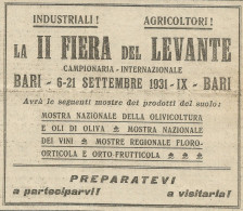 II Fiera Del Levante - BARI - Pubblicità 1931 - Publicitè - Werbung