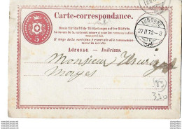 24 - 83 - Entier Postal Avec Superbe Cachet à Date Aubonne 1872 - Postwaardestukken