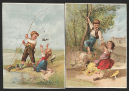 2 Chromos LITHOGRAPHIES, Dos Vierge - JEUX D'ENFANTS, Pêche, Cueillette - Sonstige & Ohne Zuordnung