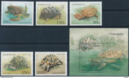 Mi 223-27 + Block 13 MNH ** Reptile / Mata Mata, Loggerhead, Hermann's Tortoise, Alligator Snapping Turtle - Azerbaïjan