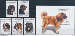 Mi 234-38 + Block 10 MNH ** / Dogs, Rottweiler, Gordon Setter, Bernard, Bulldog, Caucasian Shepherd - Georgien