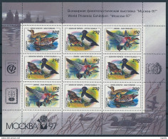 Mi 389-91 MNH ** Sheetlet / Birds Ducks Anas Penelope, Aythya Fuligula, Anas Formosa / Philatelic Exhibition Moscow '97 - Blocchi & Fogli