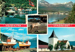 73627320 Lyngseidet Hafen Fischerboote Rentier Kirche Landschaftspanorama Berge  - Norvegia