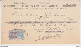 Fixe France Timbre Fiscal Reçu Coopérative Automobile Marseille 8 Oct 1924 - Covers & Documents