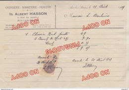 Fixe Timbre Fiscal Facture Hasson Chemiserie Aix Les Bains Août 1929 - Storia Postale