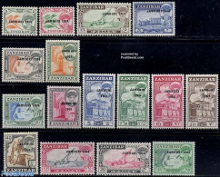 Zanzibar 1964 Jamhuri Overprints 16v, Mint NH, Nature - Religion - Transport - Various - Flowers & Plants - Churches, .. - Kerken En Kathedralen