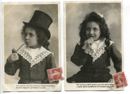 LOT 2 CPA Ecrites En 1910 * Petite Fille Au Chapeau Haut De Forme Fumant La Pipe - Humorous Cards