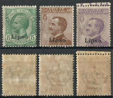 REGNO COLONIE EGEO LIPSO 1916 TRE FRANCOBOLLI C. 5 / C. 40 / C. 50 SOPRASTAMPATI 'LIPSO' NUOVI MNH ** SASSONE 2-6/7 - Egeo (Lipso)