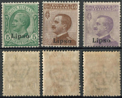 REGNO COLONIE EGEO LIPSO 1916 TRE FRANCOBOLLI C. 5 / C. 40 / C. 50 SOPRASTAMPATI 'LIPSO' NUOVI MNH ** SASSONE 2-6/7 - Egeo (Lipso)