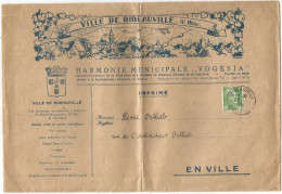 GANDON 5FR N°809 SEUL  GRANDE LETTRE ENTETE VILLE DE RIBEAUVILLE HAUT RHIN HARMONIE VOGESIA 1949 TARIF IMPRIME - 1945-54 Marianne De Gandon