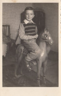 Happy Boy Riding A Rocking Horse Toy Old Photo - Games & Toys