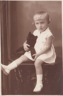 Blonde Girl Posing W Black Teddy Bear Toy Old Photo Postcard 1929 - Giochi, Giocattoli