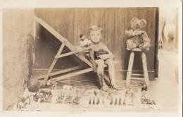 Boy Posing W Many Toys Teddy Bear Doll Charlie Chaplin Old Photo Postcard 1920ws - Speelgoed & Spelen