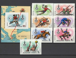 Hungary 1980 Olympic Games Moscow, Space, Handball, Equestrian, Wrestling, Etc. Set Of 7 + S/s Imperf. MNH -scarce- - Zomer 1980: Moskou