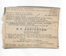 FP Nécrologie Véronique Wirtz épse R.T. Addington Anvers 1970 - Obituary Notices