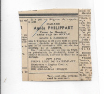 FP Nécrologie Agnès Philippart Vve Emile Van Der Heyde Sint- Andries Brugge - Obituary Notices