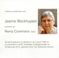 Jeanne Weckhuysen Geb Te Betekom Op 2 April 1928  Overl Begijnendijk  Op 22 Feb 2018 - Autres & Non Classés
