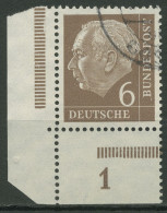 Bund 1954 Th. Heuss Bogenmarke Platte Unterrand 180 P UR Ecke 3 Gestempelt - Used Stamps