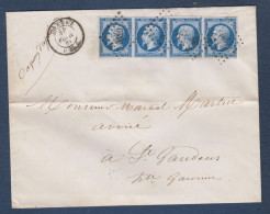 Napoléon - TB Bande De 4 Du 14B  Sur Enveloppe De Tarbes - Cote 180 € - 1853-1860 Napoléon III