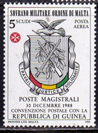 SMOM SOVRANO ORDINE MILITARE DI MALTA 1989 POSTA AEREA AIR MAIL CONVENZIONE POSTALE CON REPUBBLICA DELLA GUINEA 5s MNH - Malta (la Orden De)