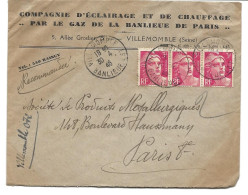 LETTRE 1946  AVEC  3 TIMBRES MARIANNE DE GANDON - RECOMMANDE PROVISOIRE DE VILLEMOMBLE - - Storia Postale