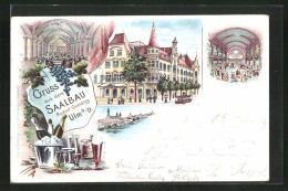 Lithographie Ulm / Donau, Restaurant Saalbau Mit Innenansicht Vom Saal  - Ulm