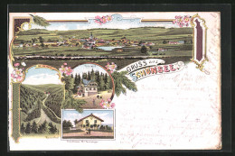 Lithographie Schönsee, Villa Wolf, Forsthaus Mitterlangau, Totalansicht  - Jacht