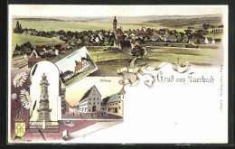 Lithographie Auerbach, Rathaus, Neumühle, Krieger-Denkmal  - Auerbach