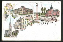 Vorläufer-Lithographie Crefeld, 1895, Landratsamt, Webschule, Rathaus  - Andere & Zonder Classificatie