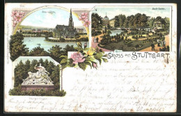 Lithographie Stuttgart, Johanneskirche, Stadt-Garten, Eberhard-Gruppe  - Stuttgart