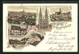 Lithographie Regensburg, Altes Rathaus, Walhalla, Dom  - Regensburg