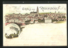 Lithographie Regensburg, Teilansicht, Walhalla  - Regensburg