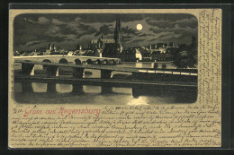 Lithographie Regensburg, Teilansicht Mit Dom Und Brücke Bei Mondschein  - Regensburg