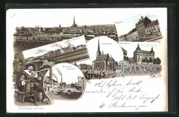 Lithographie Pilsen /Plzen, Gasthof Bürgerliches Brauhaus, Aktien-Brauerei, Stadtkirche, Rathaus  - Repubblica Ceca