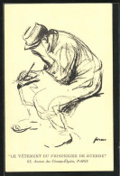 Künstler-AK Paris, Le Vêtement Du Prisonnier De Guerre, 63, Aveneu Des Champs-Élysées, Kriegsgefangener Mit Notizb  - Weltkrieg 1914-18