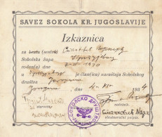 Old Memmberšip Card Kingdom Of Yugoslavia. Sokolsko Društvo Jagodina 1934. - Mitgliedskarten