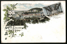 Lithographie Karlsbad, Teilansicht V. D. Nordseite, Sprudelcolonnade Inneres  - Tchéquie