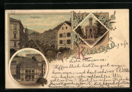 Lithographie Karlsbad, Theater, Franz Josephs Höhe, Parkstrasse  - Tchéquie