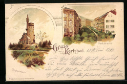 Lithographie Karlsbad, Stephaniewarte, Parkstrasse  - Tchéquie
