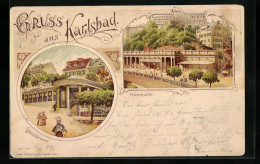 Lithographie Karlsbad, Felsenquelle, Schlossbrunnen  - Repubblica Ceca