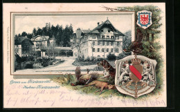 Passepartout-Lithographie Friedenweiler, Kurhaus Friedenweiler, Jagdhund Mit Beute, Wappen  - Other & Unclassified