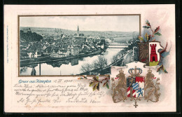 Passepartout-Lithographie Kempten, Ortsansicht, Wappen, Eichenlaub  - Andere & Zonder Classificatie