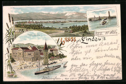 Lithographie Lindau I. B., Ortsansicht Mit Hotel Helvetia Und Hafeneinfahrt  - Lindau A. Bodensee