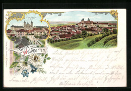 Lithographie Weingarten, Totalansicht Mit Klosterkirche Und Kaserne  - Other & Unclassified