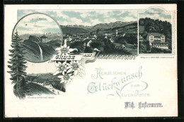 Lithographie Immenstadt, Stuiben Unterkunftshaus, Friedrichsbad, Stuibenspitze, Neujahrsgruss  - Immenstadt