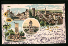 Lithographie Landsberg A. Lech, Hauptplatz Mit Marienbrunnen, Mutterturm, Bayertor  - Landsberg