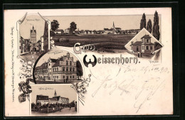 Lithographie Weissenhorn, Strassenpartie Am Unteren Tor, Brauhaus, Altes Schloss Und Volksbad  - Other & Unclassified