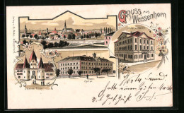 Lithographie Weissenhorn, Oberes Thor, Spital, Hotel Z. Hasen, Totalansicht  - Weissenhorn